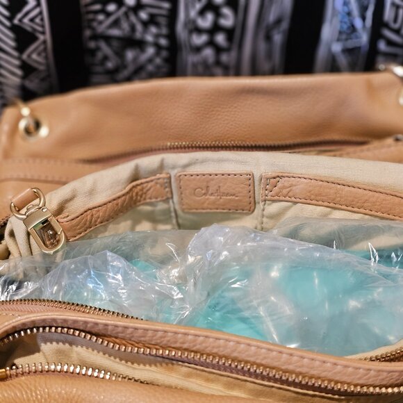 COLE HAAN Ruched Pebble leather top zip East West Shoulder Bag Beige w gold hw - Picture 9 of 13